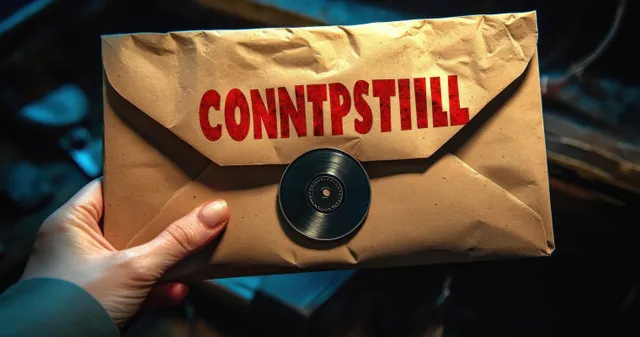 A hand holds a crumpled brown envelope sealed with a black button and red text under dim light.