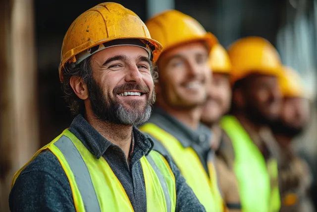 Smiling construction workers in yellow hard hats and reflective vests stand in a row at a construction site.