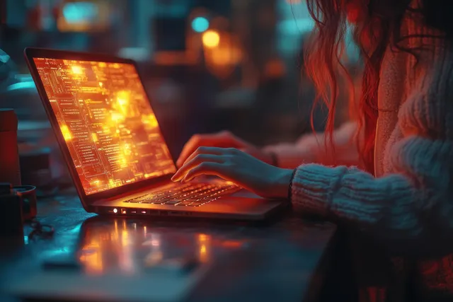 A cyberpunk-themed workspace showcases a laptop with digital invoice and payment information for financial management.