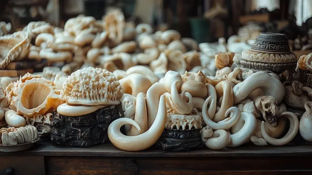 Intricately carved ivory-style sculptures with animal and floral motifs laid on a wooden display table under soft natural light.