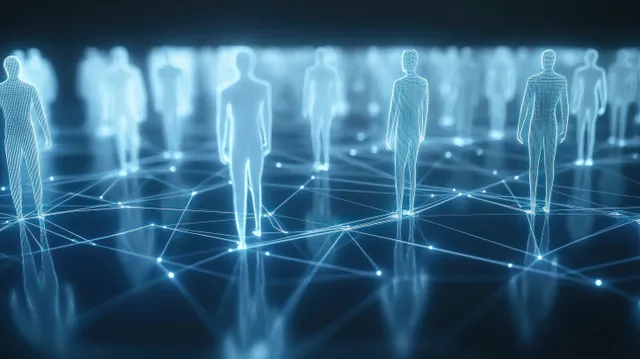 Neon silhouettes of business figures stand connected by glowing lines across a reflective digital network surface.