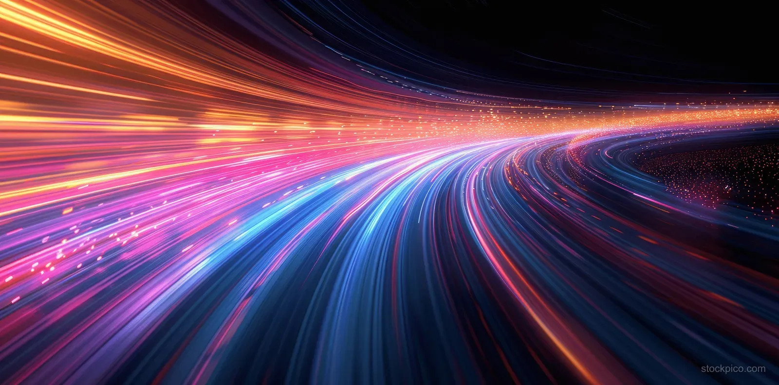 Blue and orange light trails streak toward a dark vanishing point like fast digital data transfer.