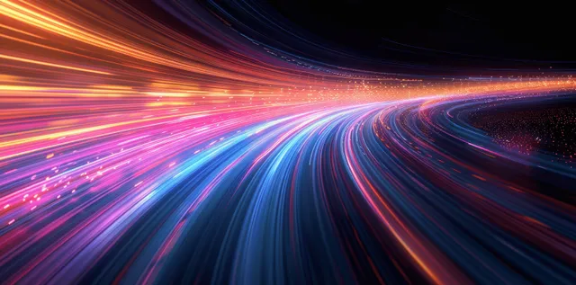 Futuristic blue and orange light trails racing into a dark vanishing point