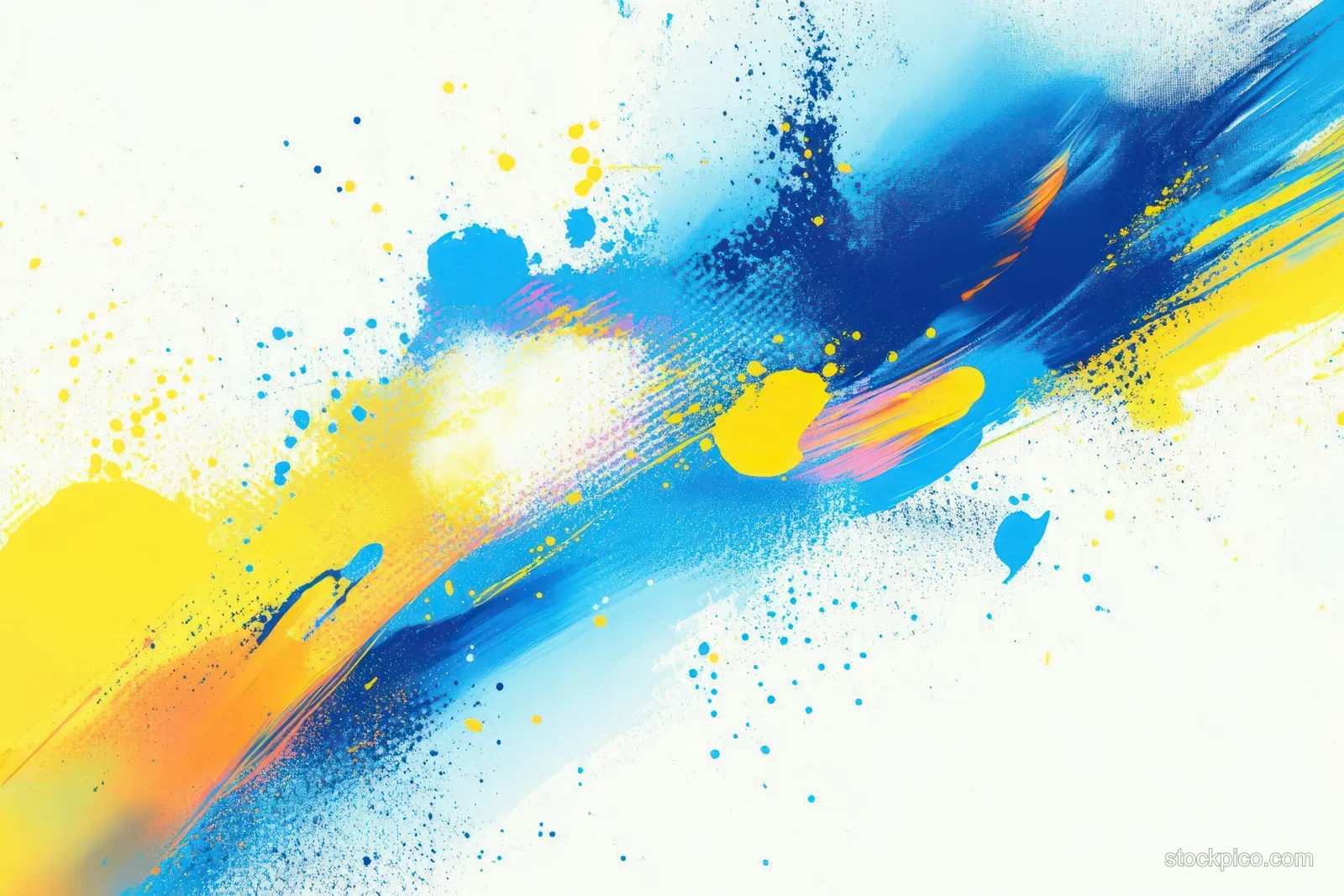 Diagonal blue and yellow brush strokes burst into white space with scattered paint splatters and speckled texture.