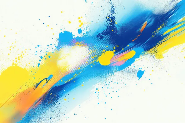 Blue and yellow abstract splash with painterly brush stroke diagonals and speckled paint