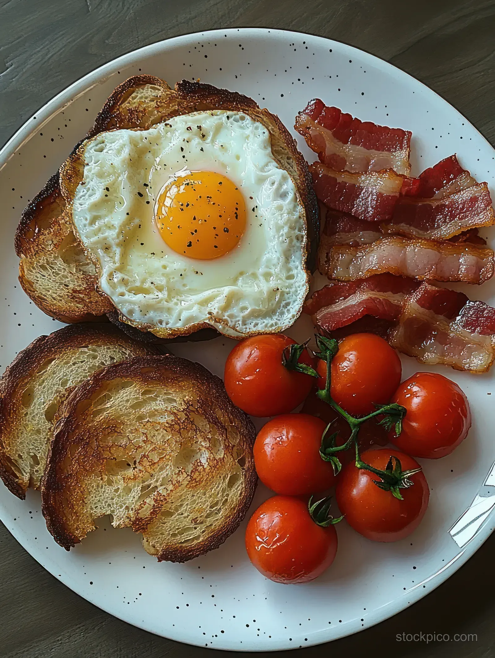 Sunny side up egg, toasted bread, crispy bacon, and vine cherry tomatoes on a white plate.