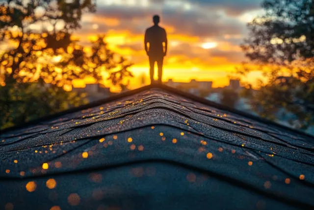 Silhouetted person stands on a rooftop ridge at sunset, warm sky and blurred city beyond