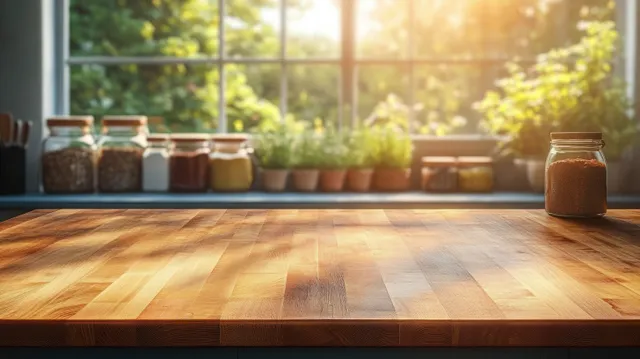 Sunlit wooden countertop with blurred spice jars and greenery visible through a window.