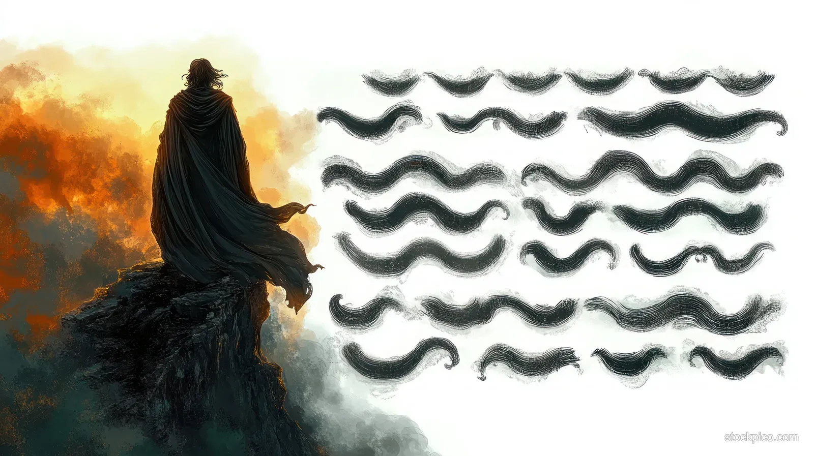 Silhouetted cloaked figure stands on a rocky cliff against fiery orange smoke with black wavy brush strokes on white space.