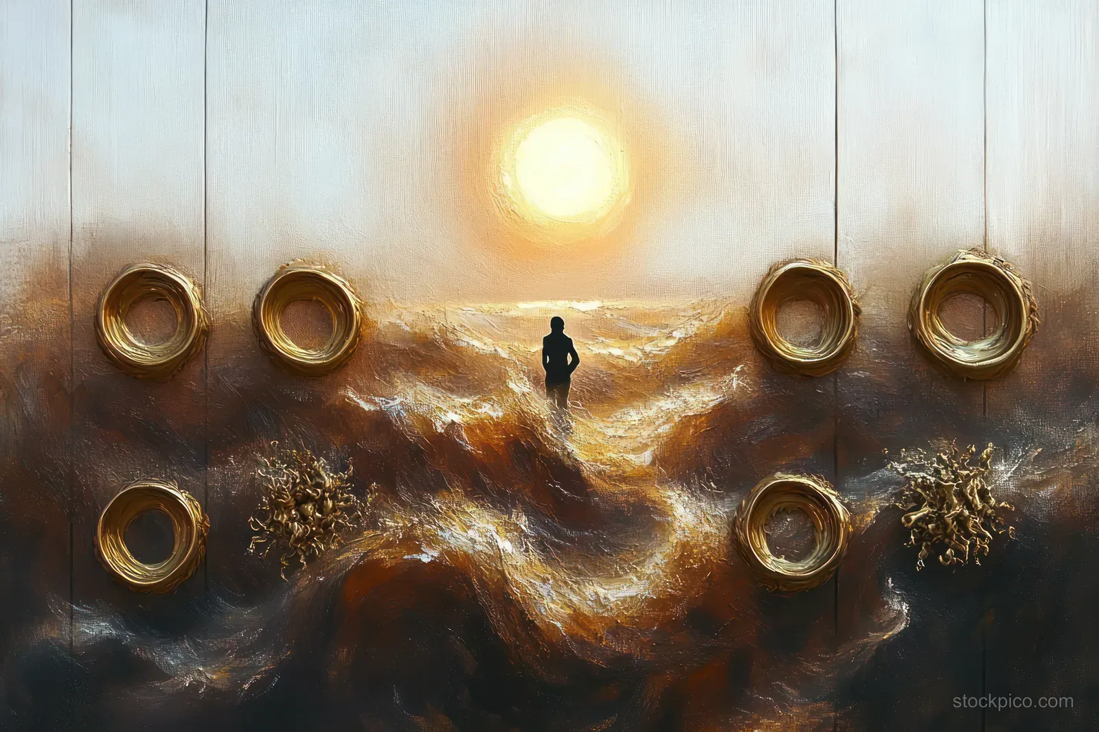 Silhouette of a person walks toward a glowing sun over turbulent waves with suspended golden rings above the water.