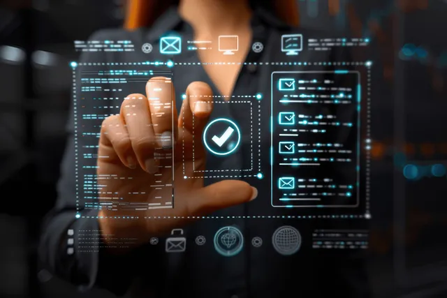 Businesswoman approving an electronic certificate form on a tablet with glowing checklist icons