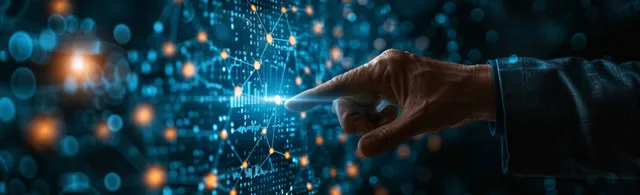 Two hands point at glowing medical charts on a digital network screen.