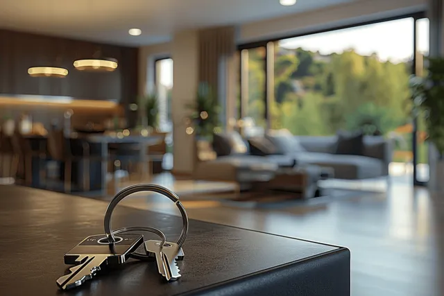 House keys on a table in a modern apartment living room with large windows and daylight.