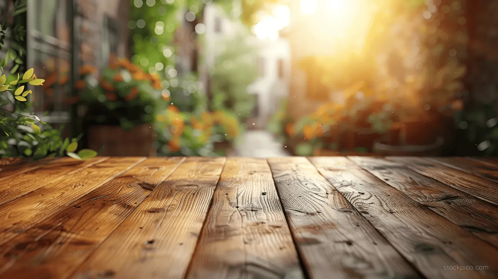 Sunlit wooden patio table in a garden with blurred potted plants and golden morning light.