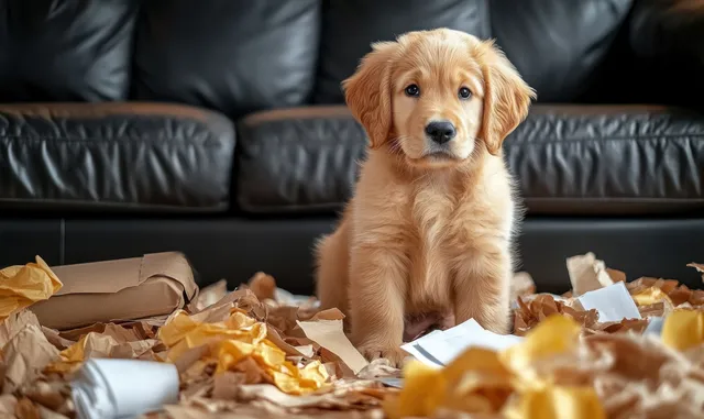 Golden retriever puppy sits among torn paper pieces in front of a black leather sofa.
