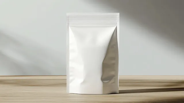 Blank white stand-up pouch standing upright on a wooden surface with a soft shadow against a neutral background.