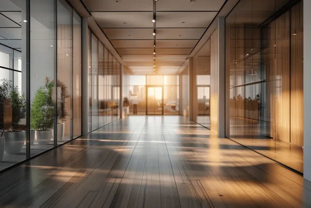 Empty modern office corridor with panoramic windows and warm wood paneling, lit by golden sunlight across the floor.