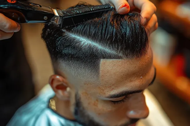 A barber uses clippers and a comb to shape a sharp fade and side part on a seated client.