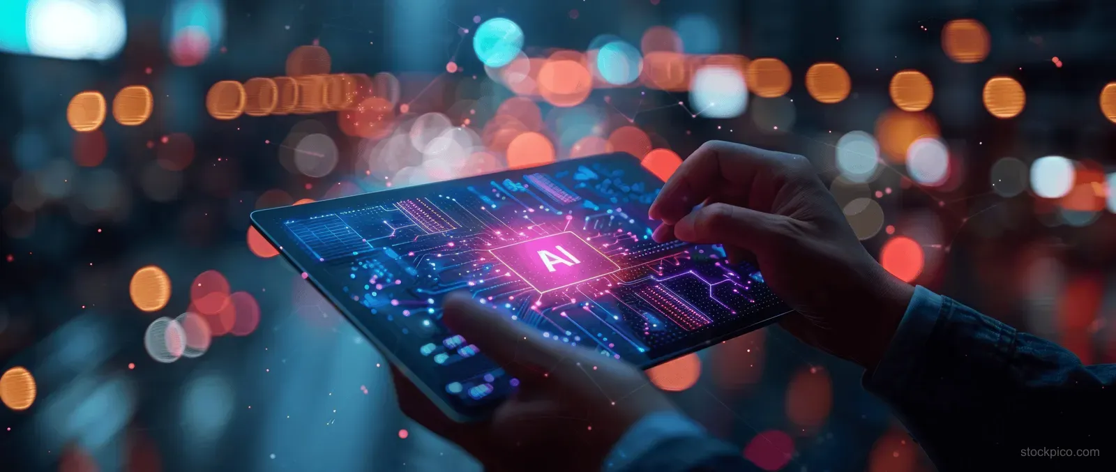 A business professional in a modern office uses a laptop and tablet to explore AI-driven digital innovation and automation.