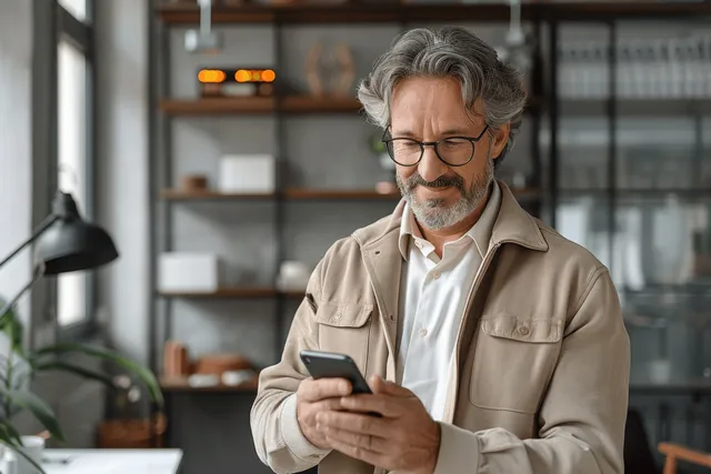 Smiling middle-aged businessman in office holding smartphone, happy expression and glasses