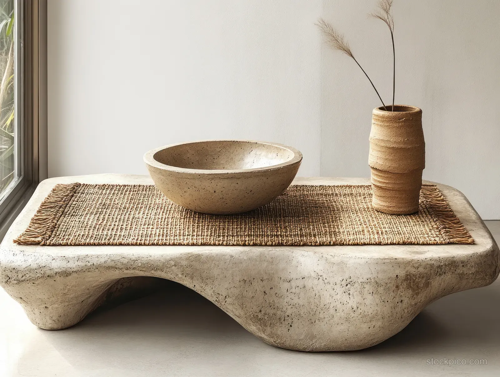 Minimalist concrete coffee table with a woven placemat, ceramic bowl, and small vase near a window.