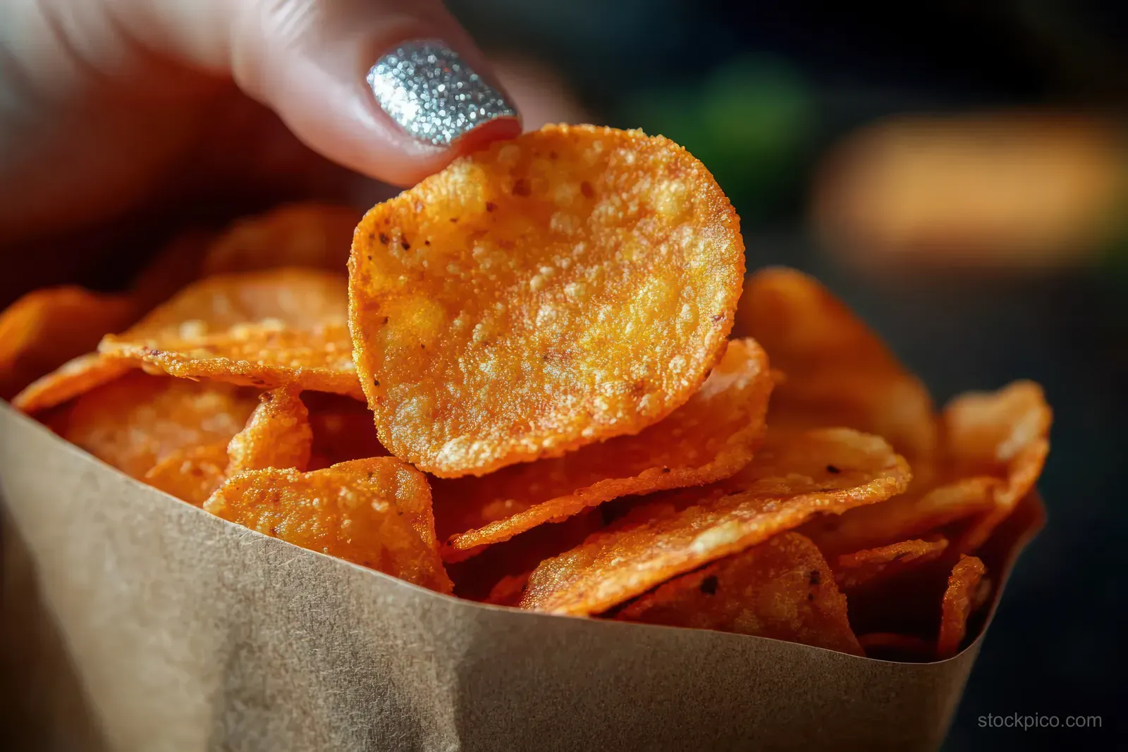 A finger with glittery silver nail polish picks up a crispy seasoned potato chip from a brown paper container.