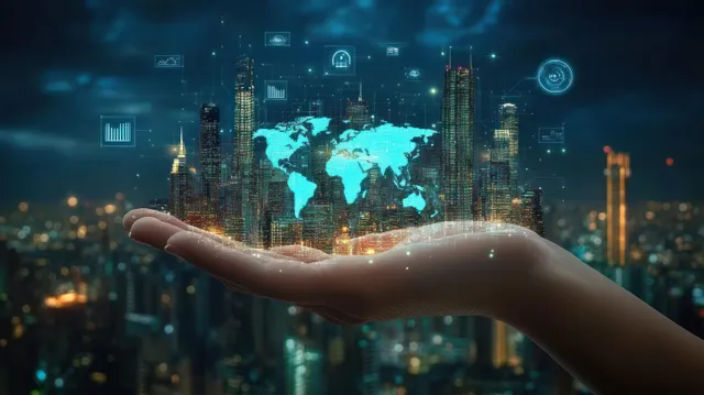 A human hand reaches toward a glowing holographic world map over a futuristic city skyline at night.