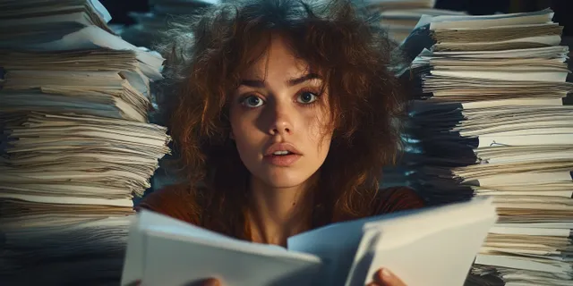 A tired businesswoman reads papers at her desk at night while stacks of documents surround her.