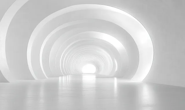 Minimalist white tunnel with concentric circular arches illuminated by soft light and deep perspective.