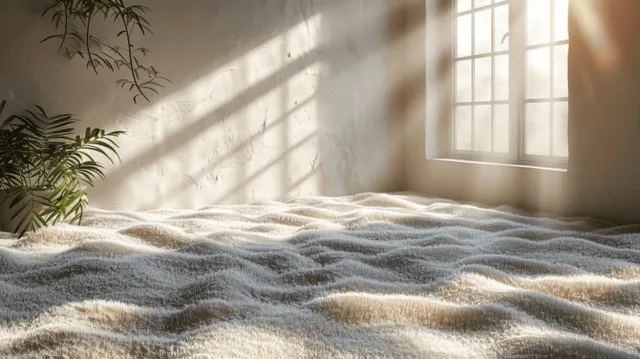 Sunlight streams through a window onto a soft beige carpet, showing detailed plush fibers and floor shadows.