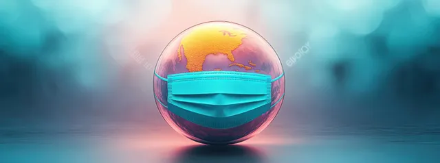 Glowing Earth wearing a teal face mask is centered against a softly blurred hospital corridor background.