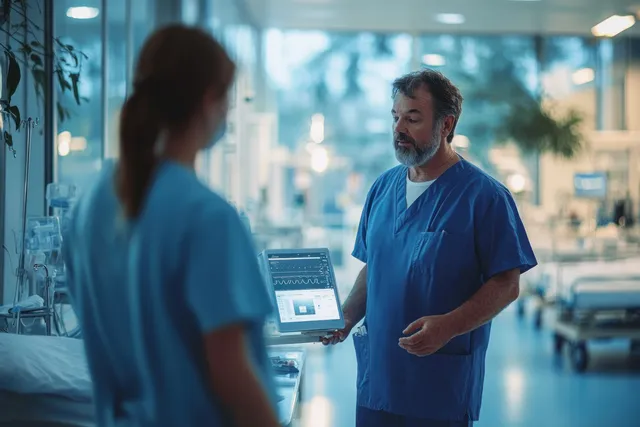 Doctor in scrubs shows a tablet to an overweight patient during a hospital consultation.