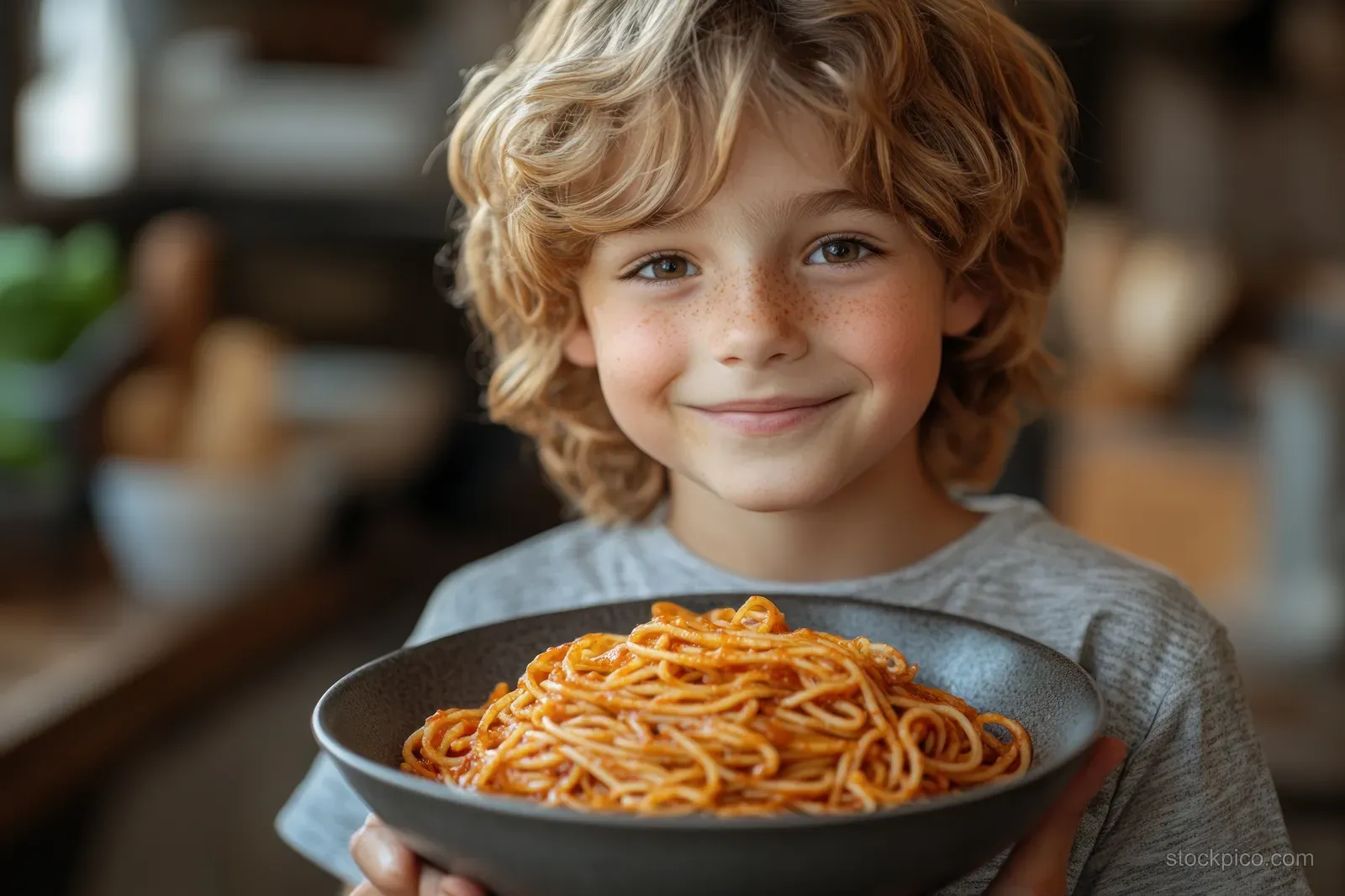 Smiling young boy holding a bowl of spaghetti bolognese at a home dining table with warm indoor light.