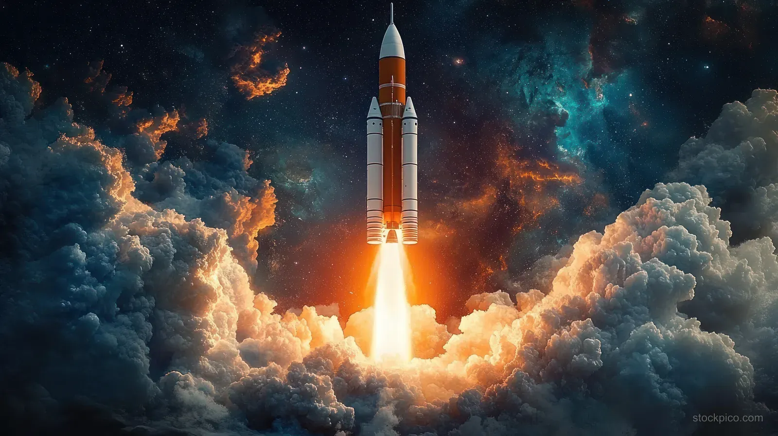 Rocket launching upward through dark clouds with bright fiery exhaust trail against a starry sky.