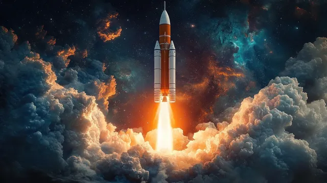 Rocket launching upward through dark clouds with bright fiery exhaust trail against a starry sky.