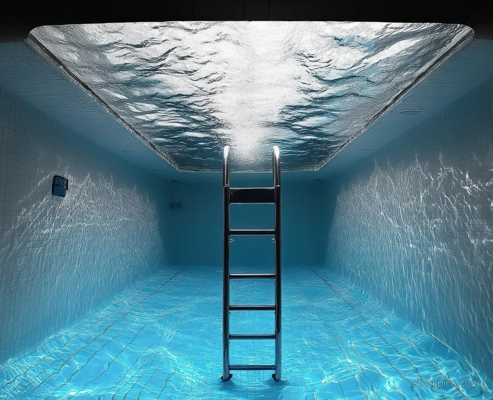 An empty indoor swimming pool with a metal ladder and shimmering blue water reflections on tiled walls.