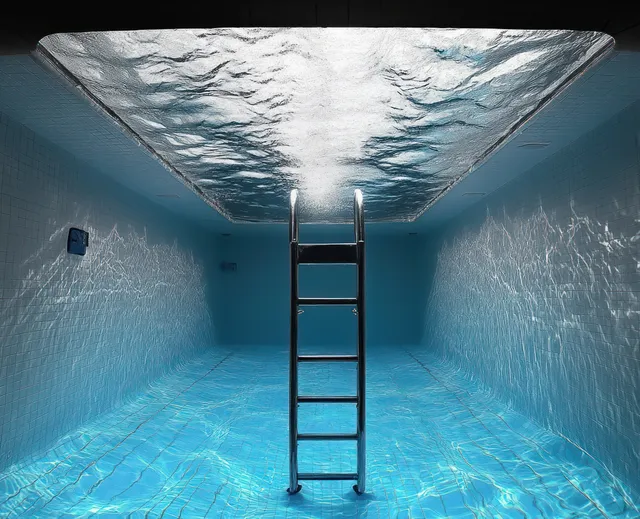 An empty indoor swimming pool with a metal ladder and shimmering blue water reflections on tiled walls.