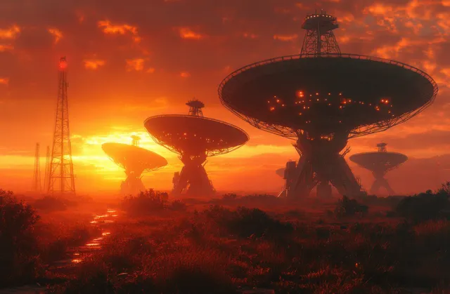 Futuristic radio telescope dishes silhouetted in a landscape during a fiery sunset behind drifting clouds.