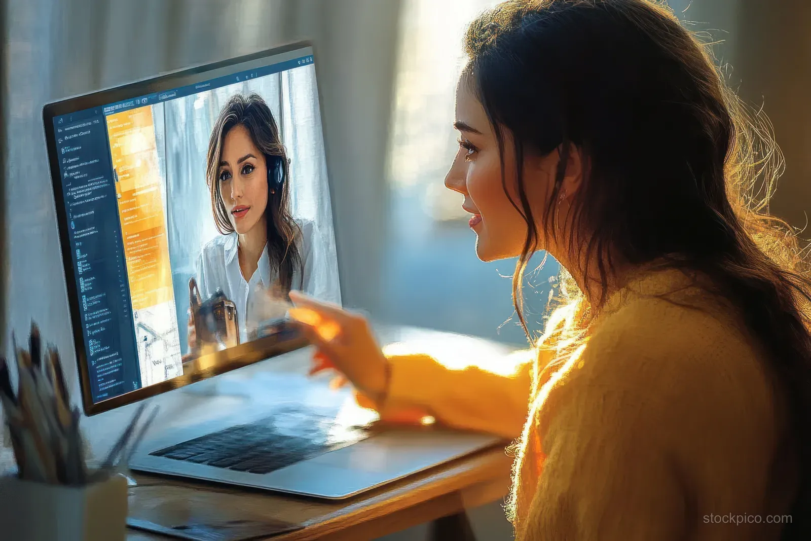 Businesswoman in a cozy home office gestures while video conferencing with a remote teammate on a laptop screen.