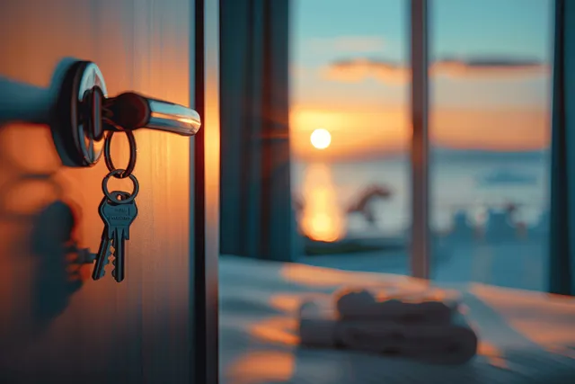 Keys hang from a hotel door handle beside a window overlooking a sunset ocean and sandy beach.