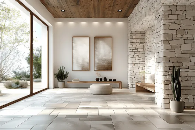 Sunlit minimalist entrance hall with white stone walls, wooden accents, framed artwork, and a wide tiled floor.