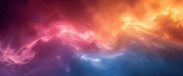 Neon storm gradient with fiery clouds and glowing waves across dark background