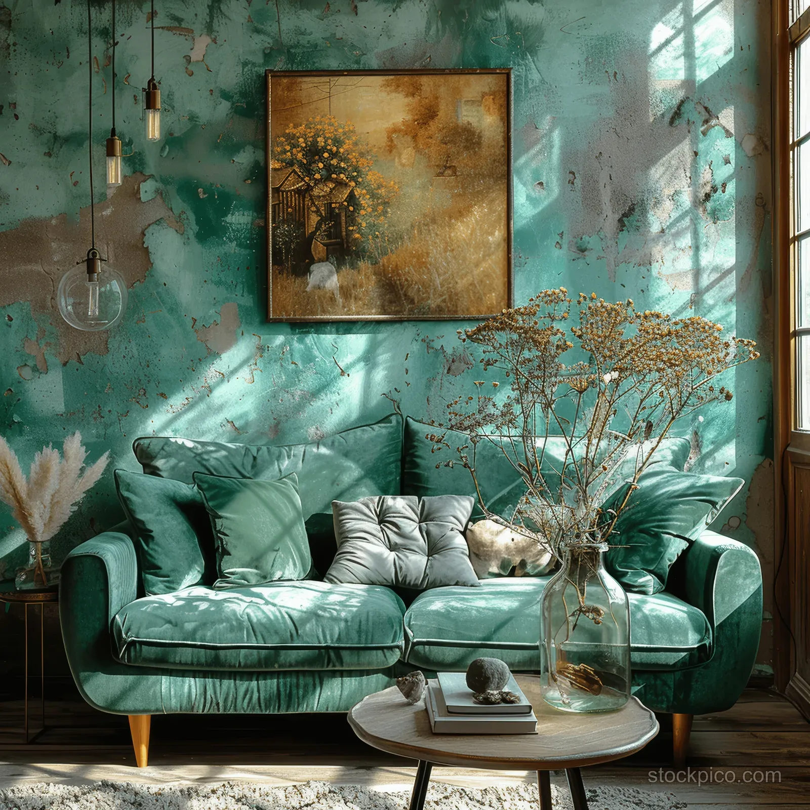 Green velvet sofa with pillows and framed painting against a teal antique textured wall in a minimalist living room.