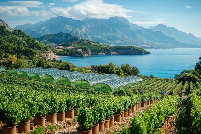 Mediterranean coast vineyard with greenhouse tunnels and mountain ridges above calm blue water