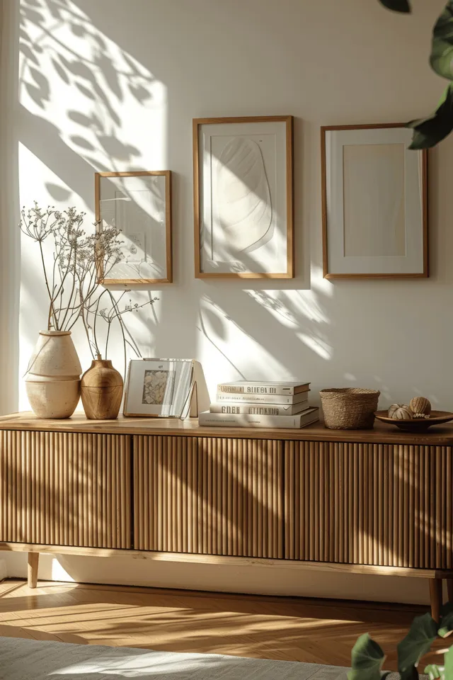 Scandinavian living room corner with wooden sideboard, empty frames, and sunlit shadows with Interior Design