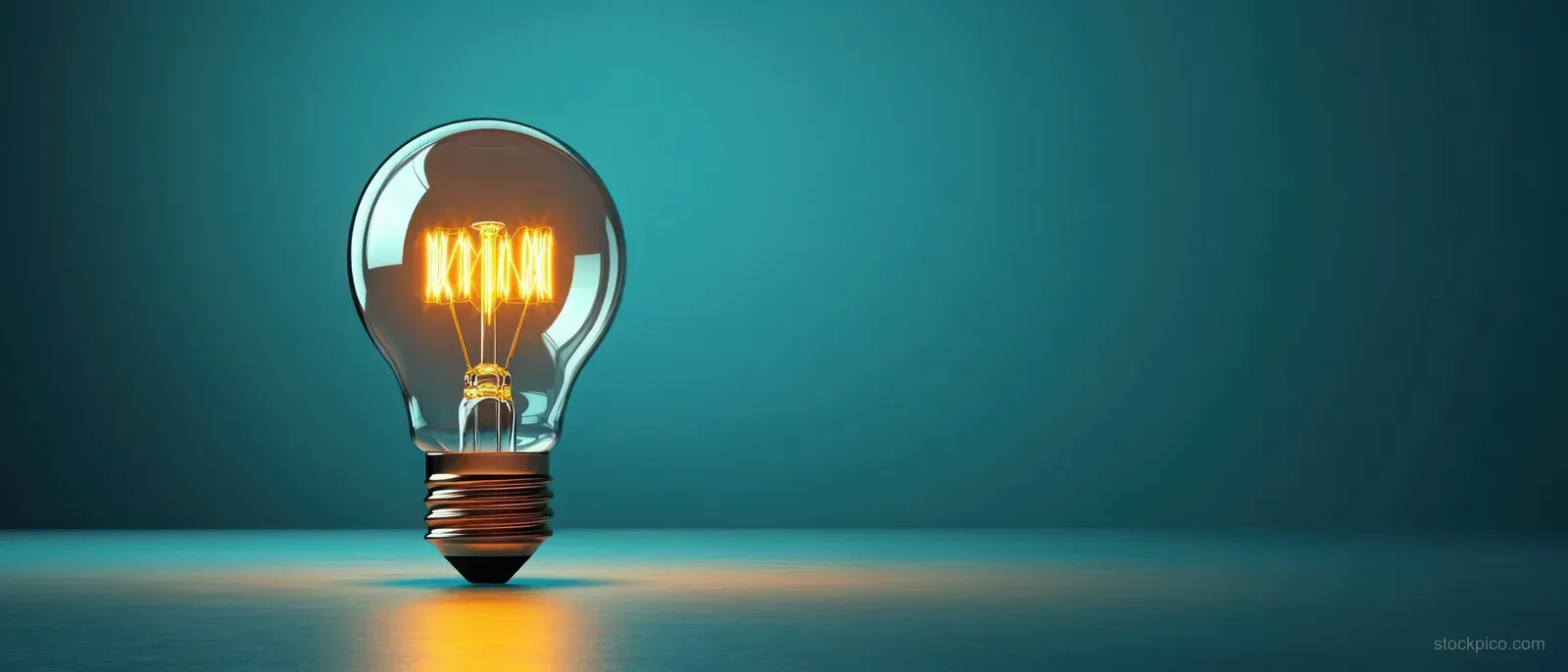 An incandescent light bulb glows with warm orange filament on a smooth surface against a teal background.