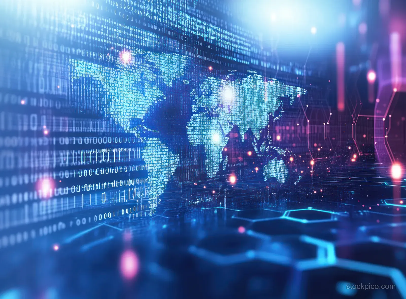 Neon cyberpunk world map surrounded by binary code strings and glowing hexagonal data nodes.