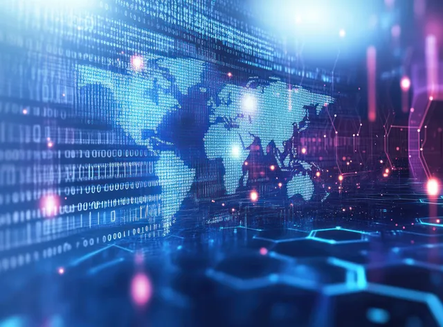 Neon cyberpunk world map surrounded by binary code strings and glowing hexagonal data nodes.