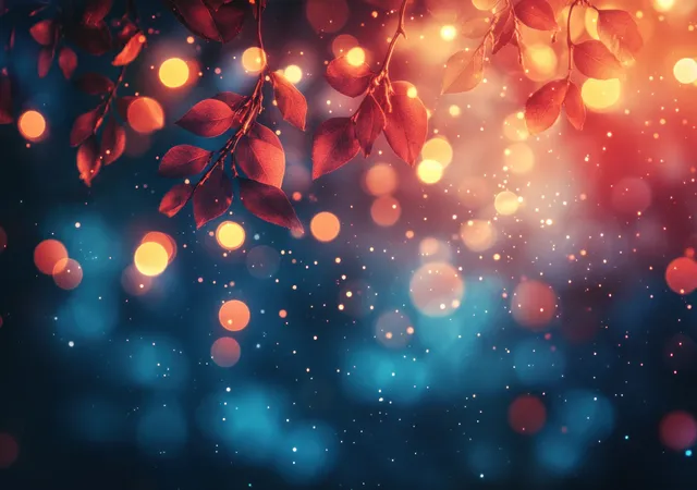 Golden bokeh lights and drifting red-orange petals glow over a dark blue soft-focus background.