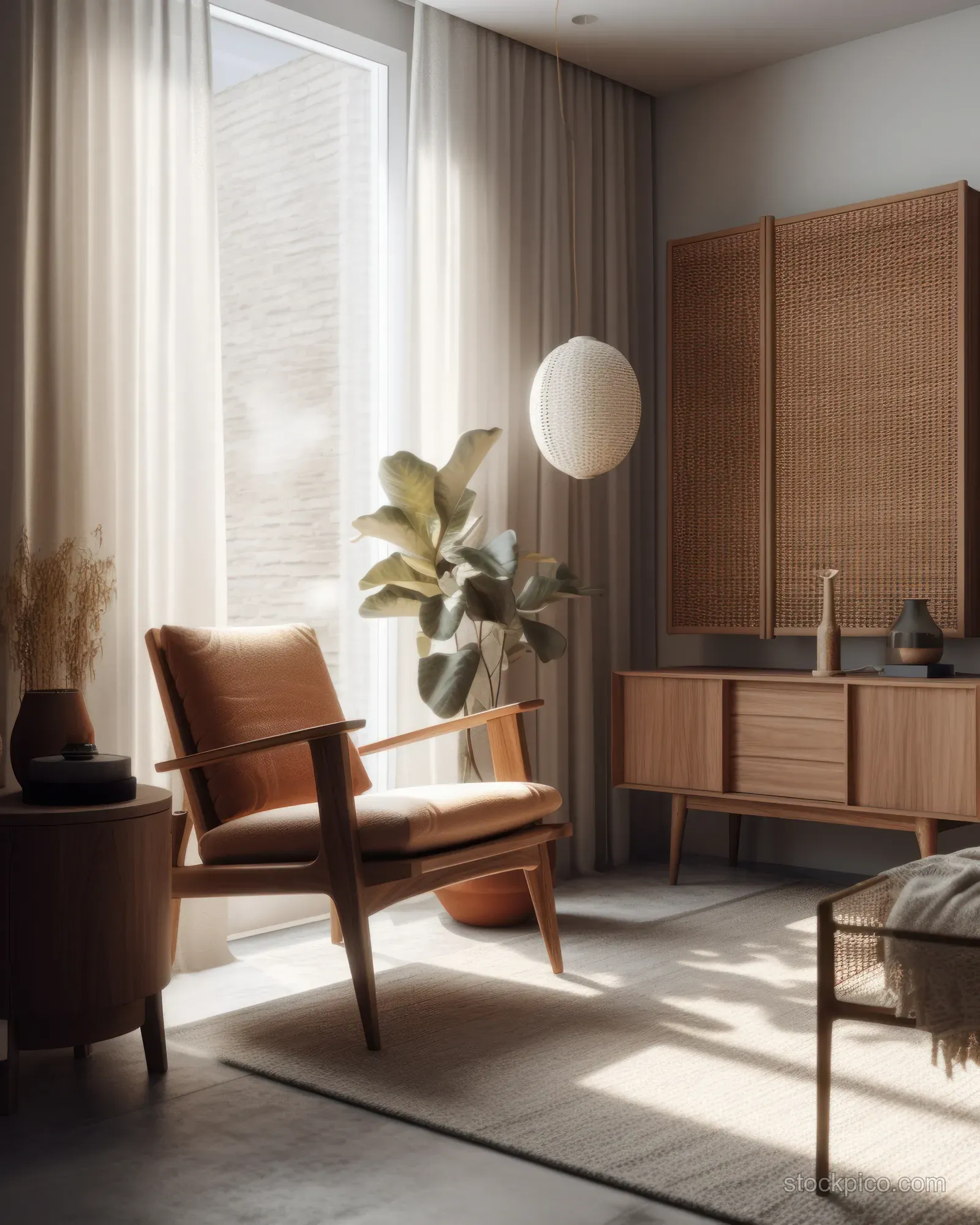 Mid-century modern living room with a woven leather lounge chair, wooden sideboard, and sheer curtains in warm sunlight.